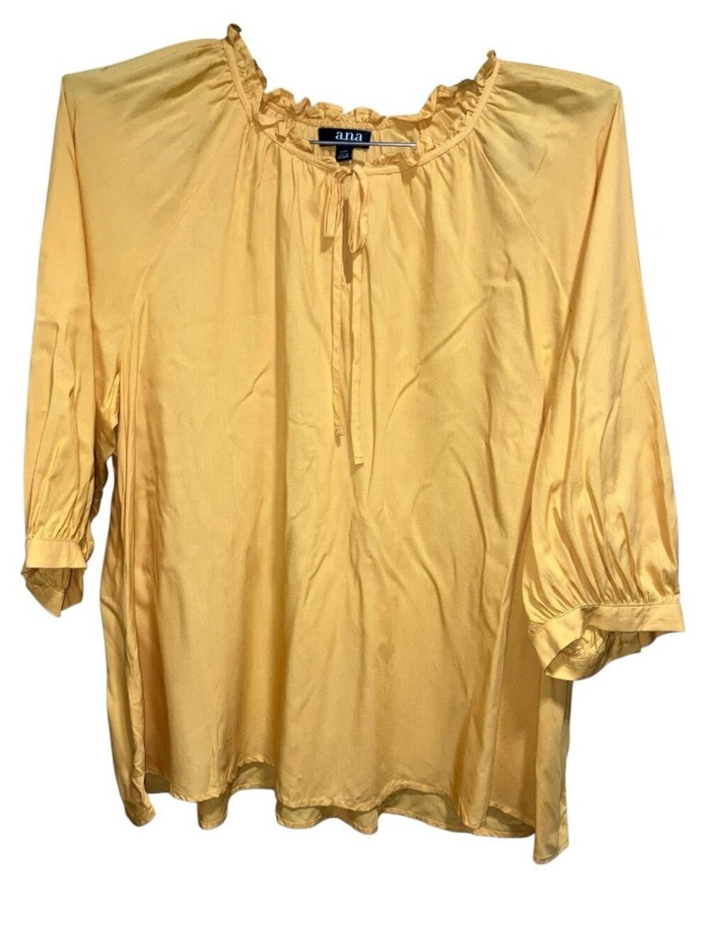 A.N.A Womens XXL Yellow Peasant Top Blouse Rayon Ruffle Tie Neck 3/4 Sleeve
